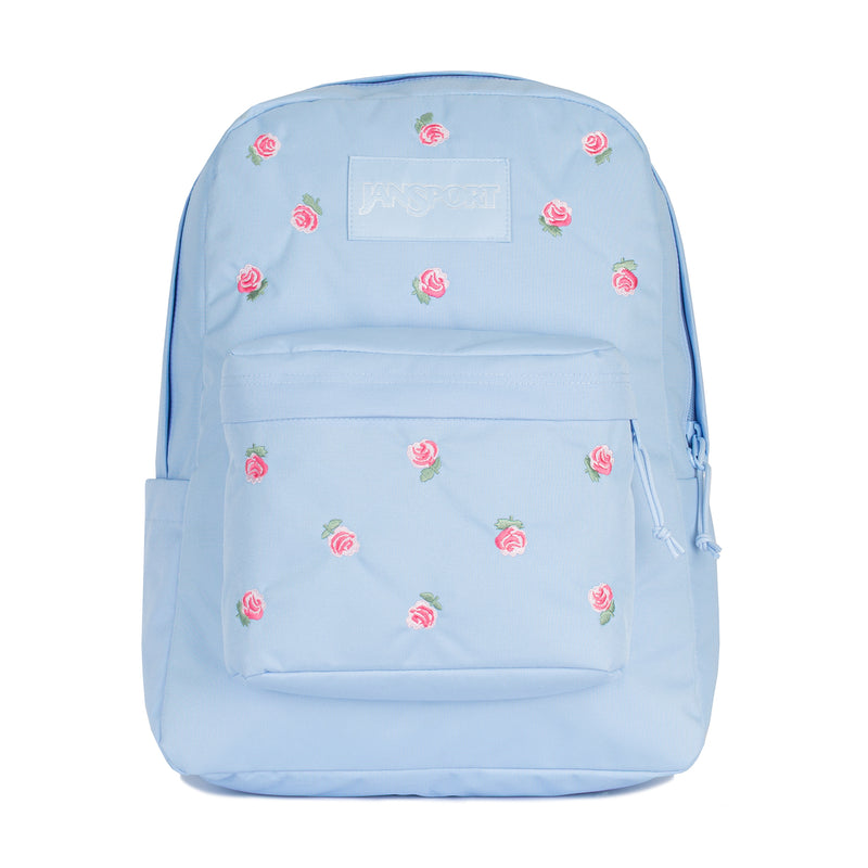 Light blue backpack with embroidered pink roses, front zip pocket and top handle.