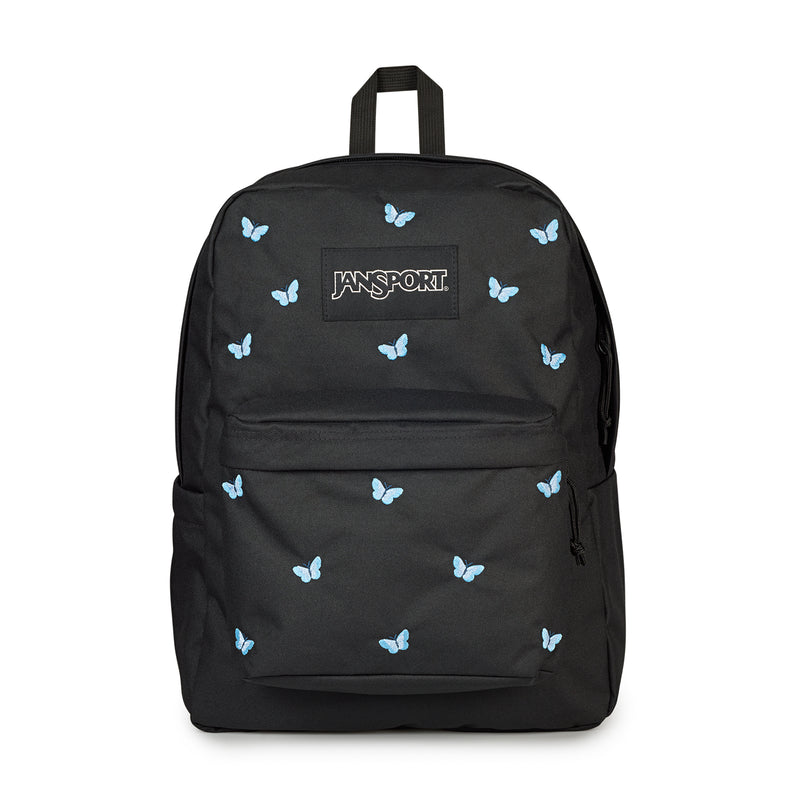 Black Jansport backpack with light-blue embroidered butterflies and front pocket