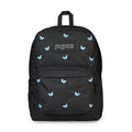 Black Jansport backpack with light-blue embroidered butterflies and front pocket
