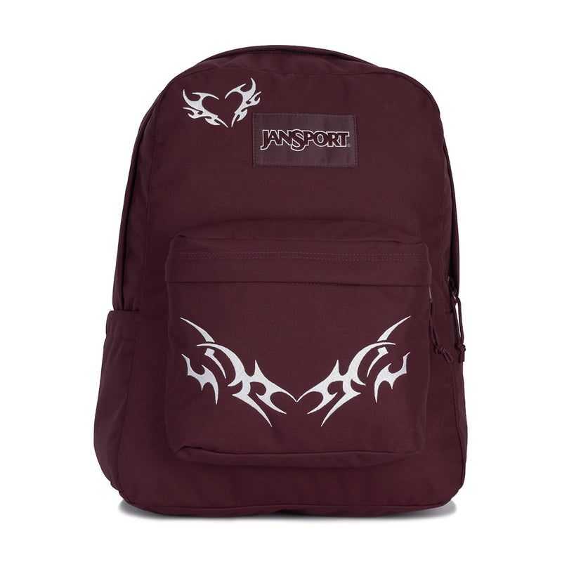 Burgundy Jansport backpack with embroidered emblem and front logo patch