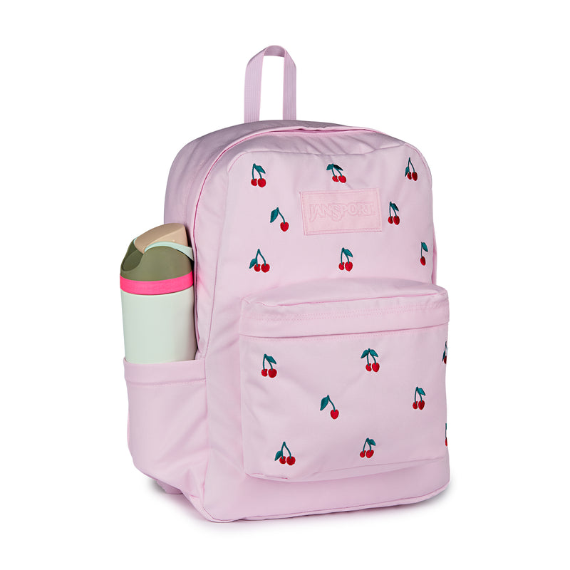 Pink cherry-print backpack with side bottle pocket and front zip compartment