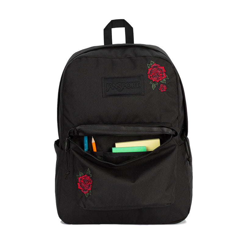 Black backpack with rose embroidery, front pocket open revealing books