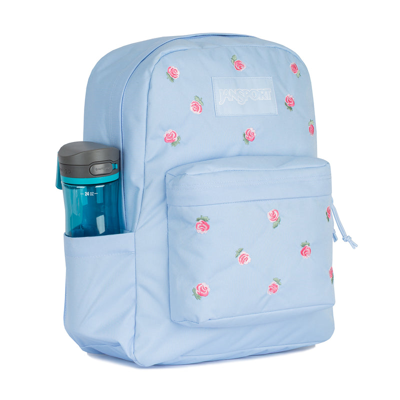 Light blue backpack with pink rose embroidery and side bottle pocket, front zip pouch.
