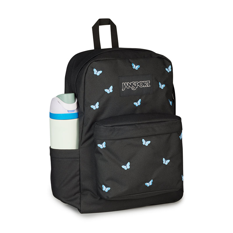 Black Jansport backpack with light-blue butterflies and side bottle pocket