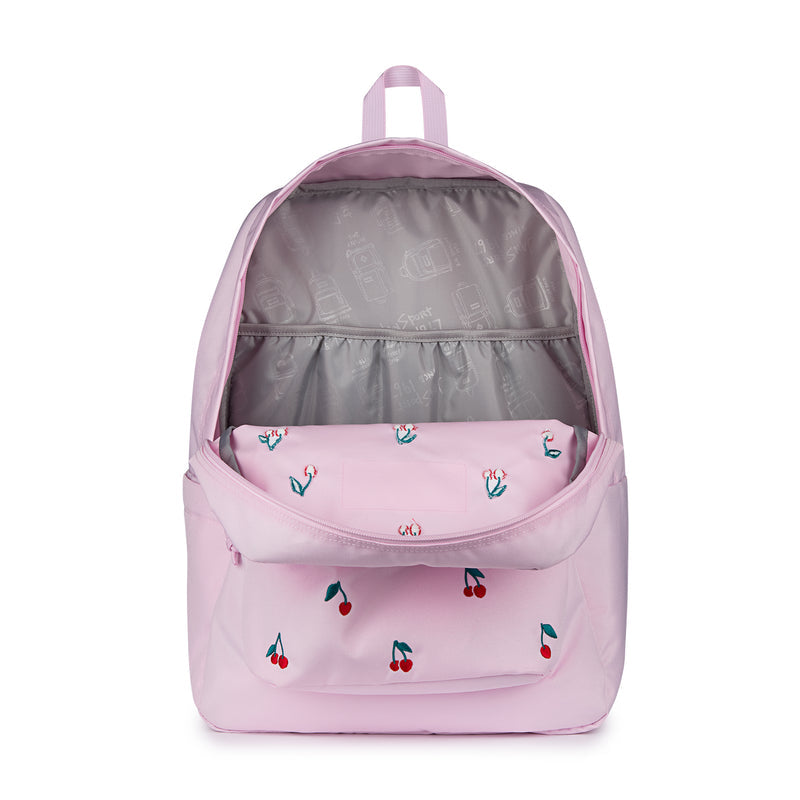 Pink cherry-print backpack with open top and gray interior divider