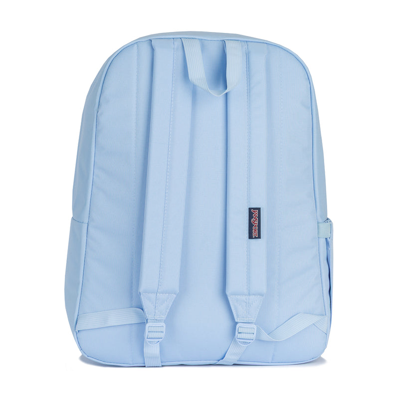 Light blue backpack with adjustable padded shoulder straps and small side loop.