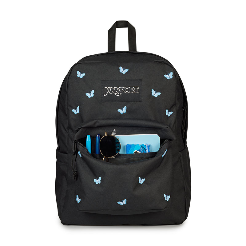 Black Jansport backpack with light-blue butterflies and open front pouch contents