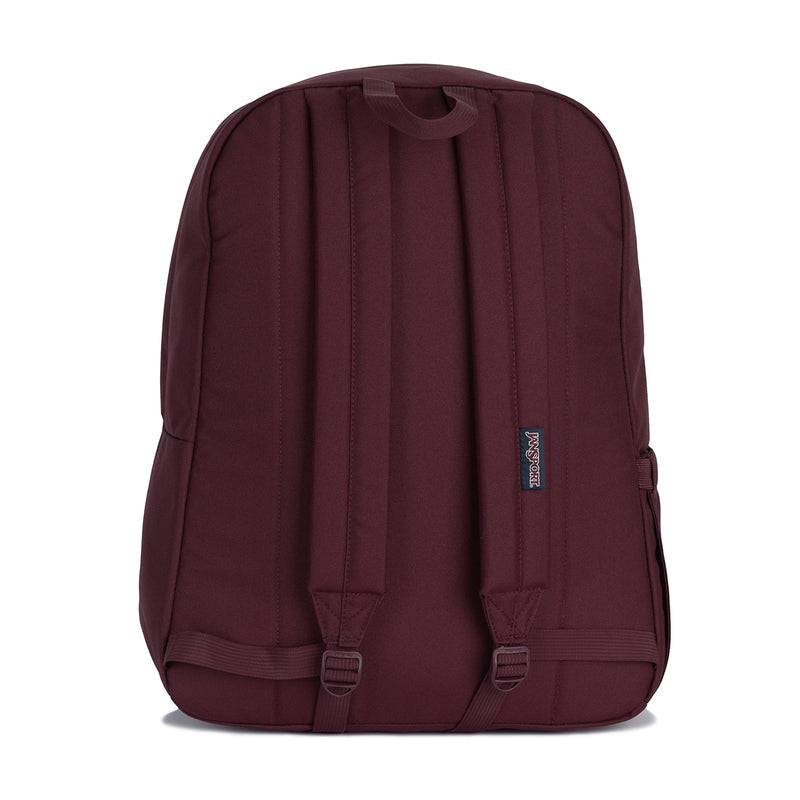 Burgundy Jansport backpack back panel with padded straps and buckles