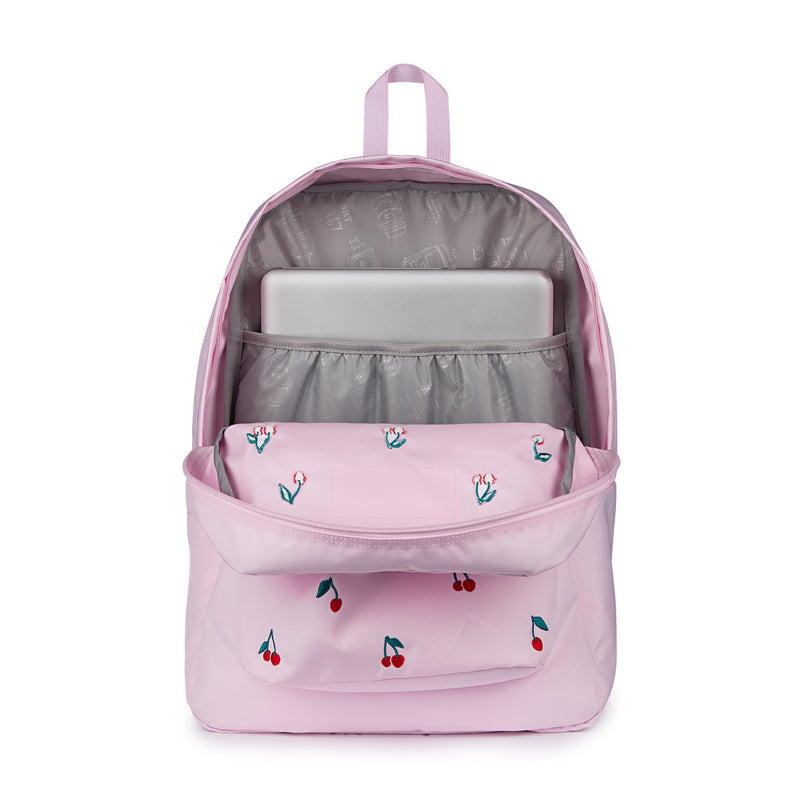 Pink cherry-print backpack open with two front organizers and gray inner lining