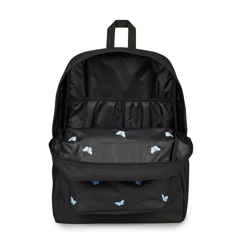 Black Jansport backpack back panel with light-blue embroidered butterflies and zip pocket
