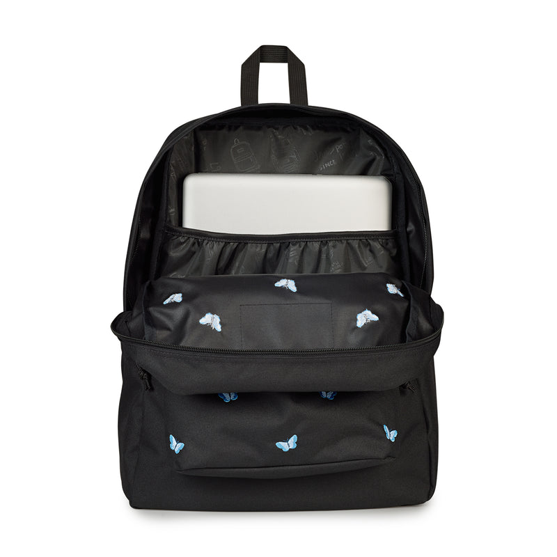 Black Jansport backpack with open back panel and light-blue embroidered butterflies