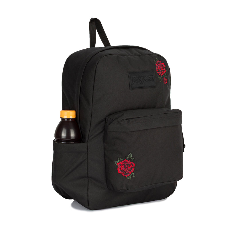 Black backpack with side rose embroidery and water bottle in side pocket