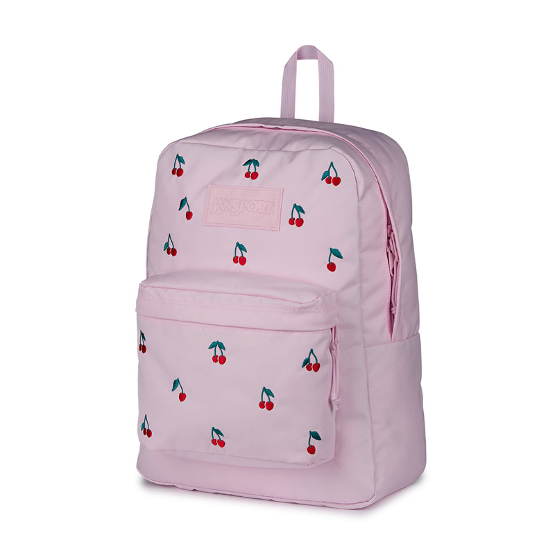 Pink cherry-print backpack angled side view with zipper pocket