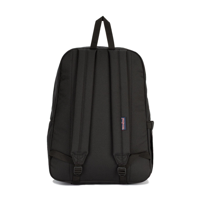 Black backpack with adjustable shoulder straps and small side label