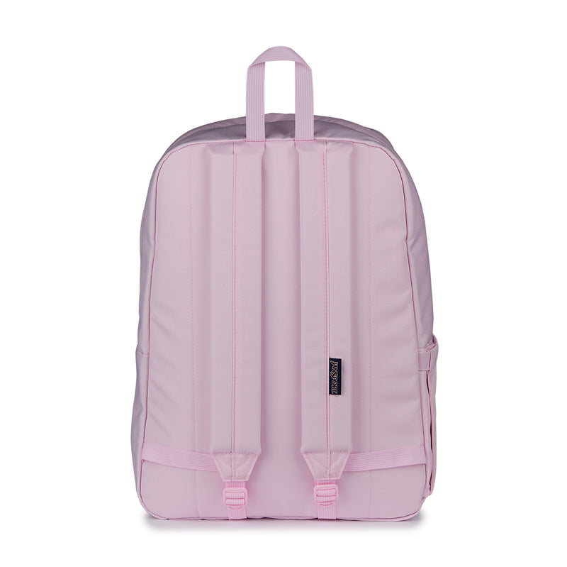 Pink backpack back panel with padded shoulder straps and top hanging loop