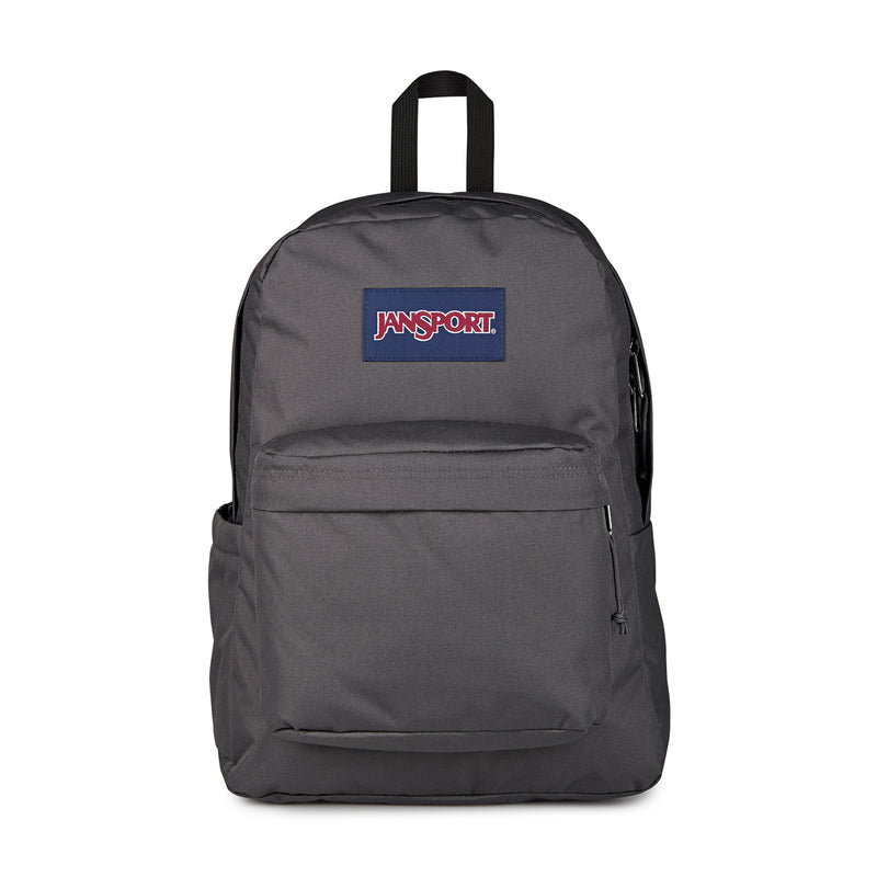 Dark gray Jansport Superbreak Plus backpack with front pocket and top handle strap.