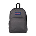 Dark gray Jansport Superbreak Plus backpack with front pocket and top handle strap.