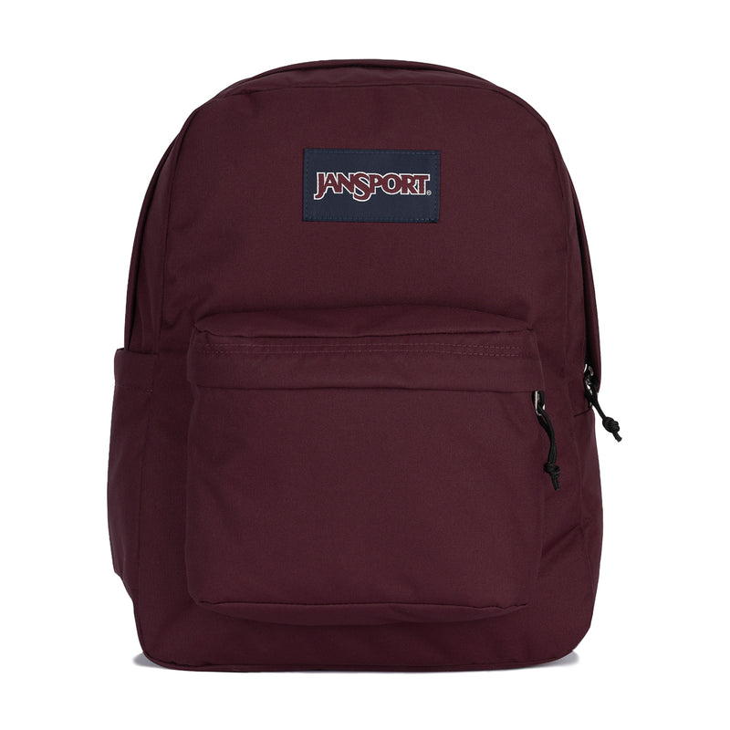 Maroon Jansport backpack with front zip pocket and logo patch
