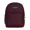 Maroon Jansport backpack with front zip pocket and logo patch