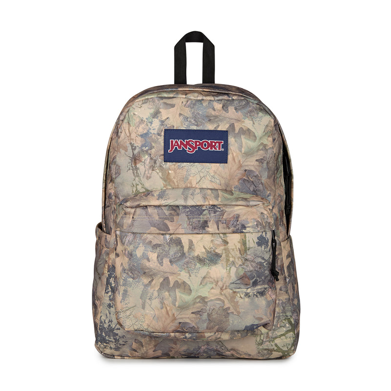 JanSport Superbreak Plus camo backpack front view with JanSport patch and zip pocket