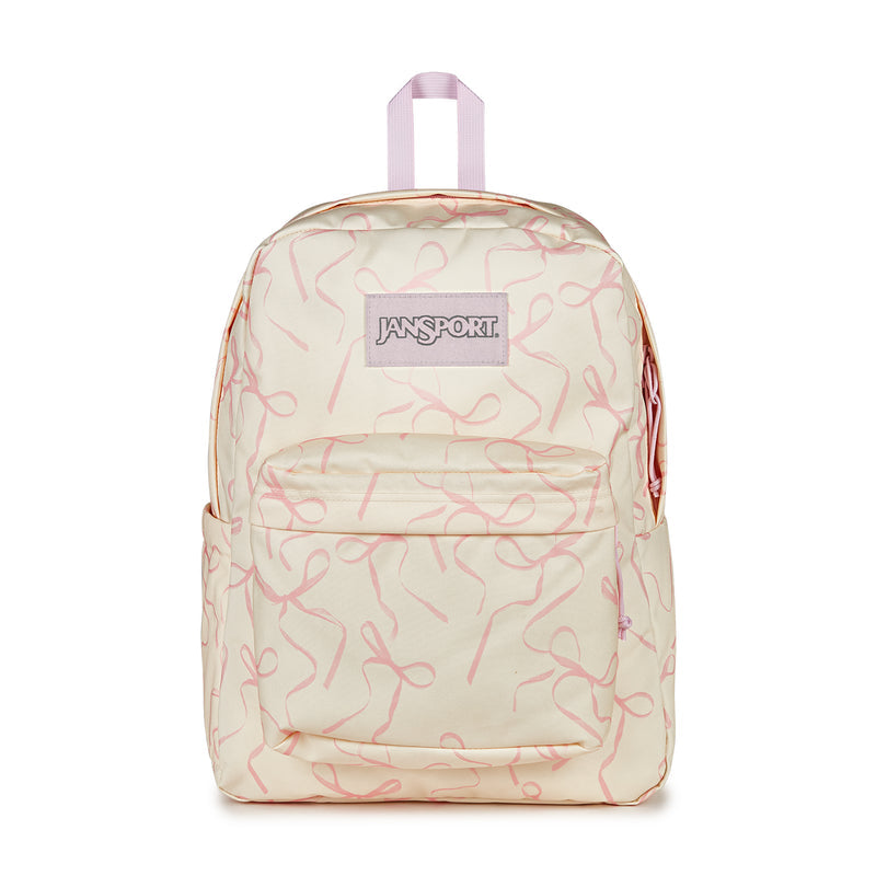 Cream backpack with pink doodle print, front logo patch, top handle and zipper