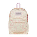 Cream backpack with pink doodle print, front logo patch, top handle and zipper