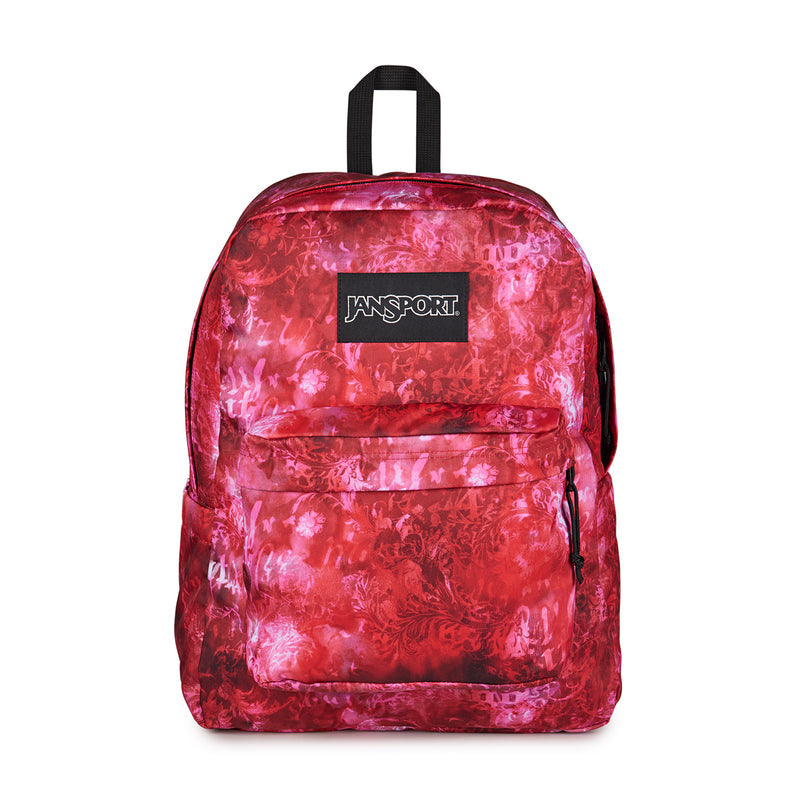 Jansport Superbreak Plus backpack, red floral print with black trim and front pocket