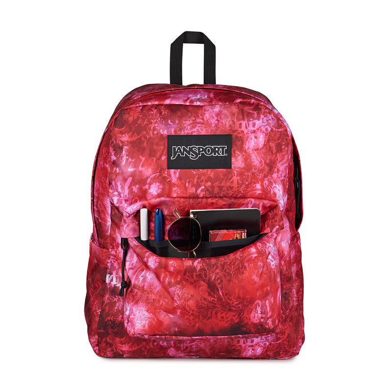 Jansport Superbreak Plus backpack, red floral print with open front organizer and label