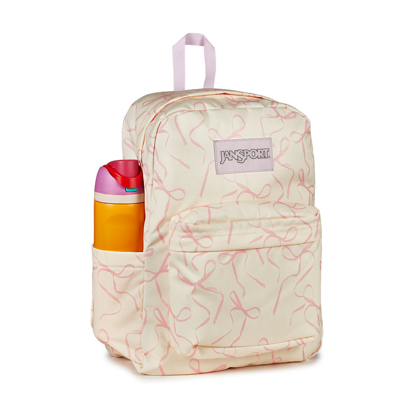 Cream backpack with pink doodle print, side bottle pocket, logo patch, top handle