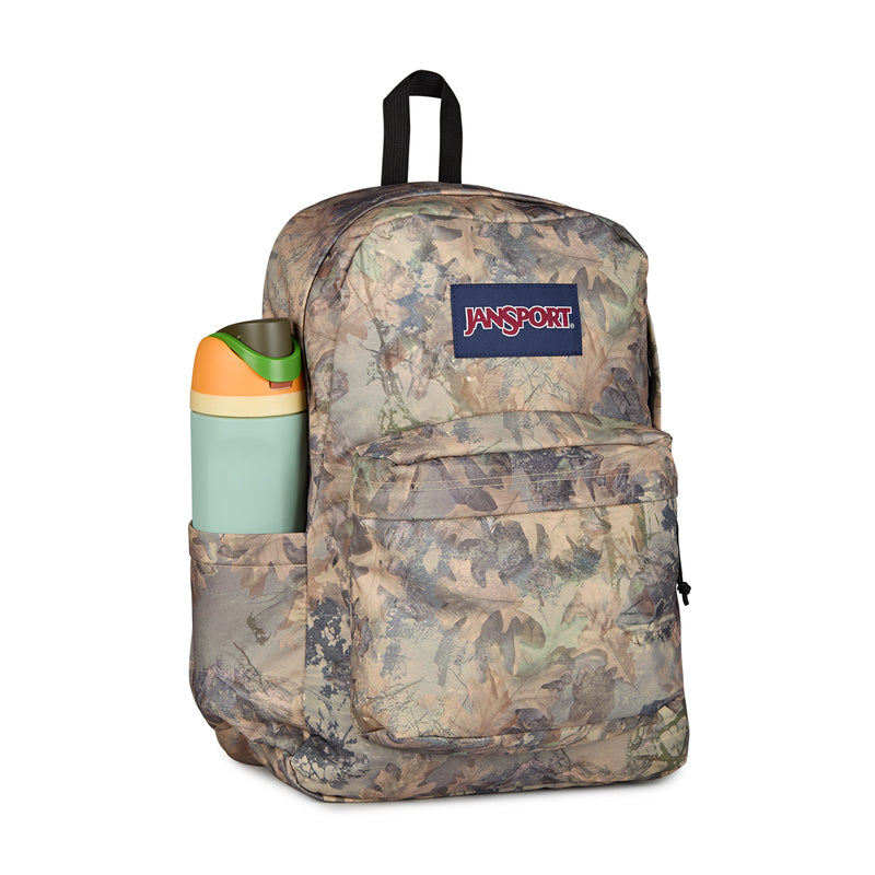 JanSport Superbreak Plus camo backpack with side water bottle pocket and JanSport logo