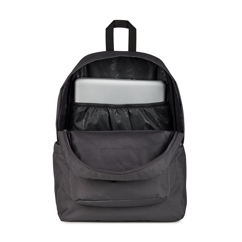 Dark gray Jansport backpack interior view with open top and front storage pocket.
