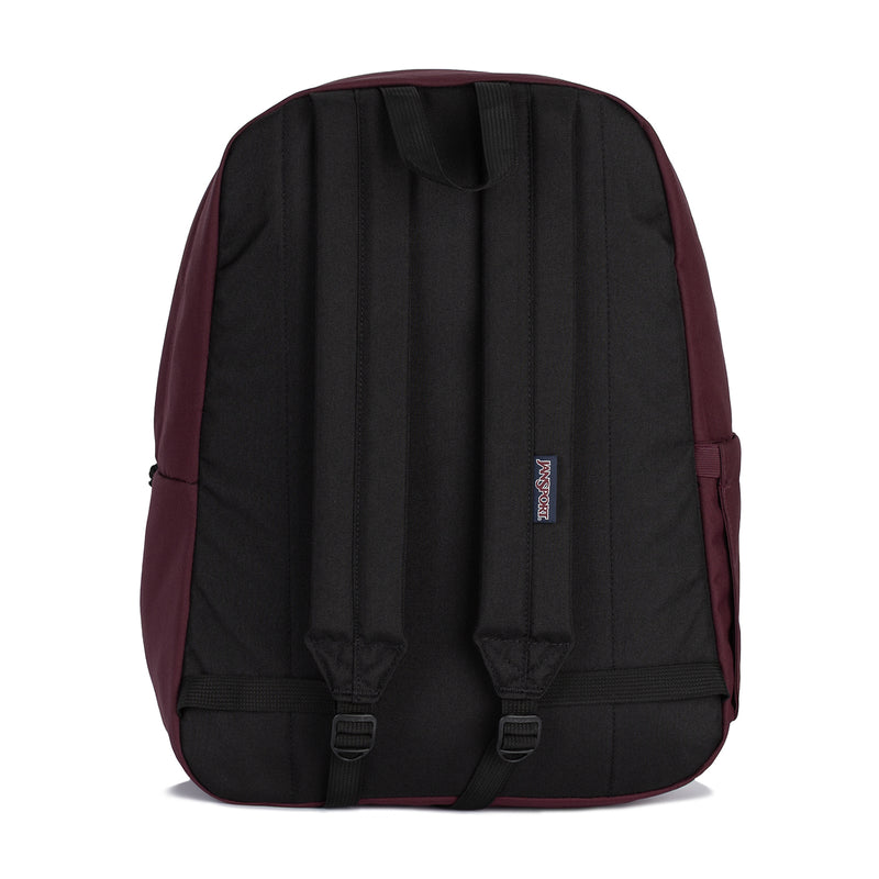 Maroon and black Jansport backpack back panel with padded straps