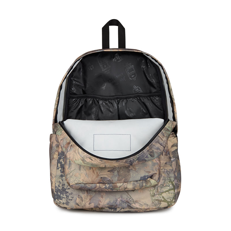 JanSport Superbreak Plus camo backpack with top handle and open main compartment, black lining