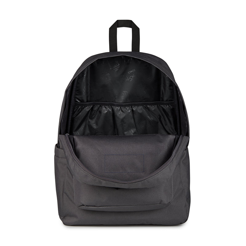 Dark gray Jansport backpack interior view with mesh top lining and front pocket.