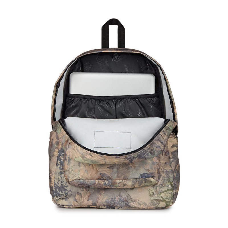 JanSport Superbreak Plus camo backpack interior with padded laptop sleeve and front pocket