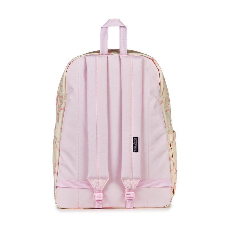 Cream backpack with pink stripes on back panel, padded shoulder straps and top handle
