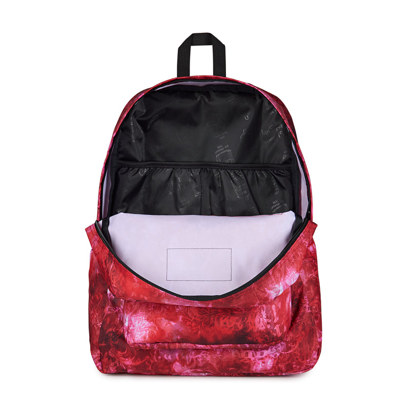 Jansport Superbreak Plus backpack, open interior with black lining and white divider pocket