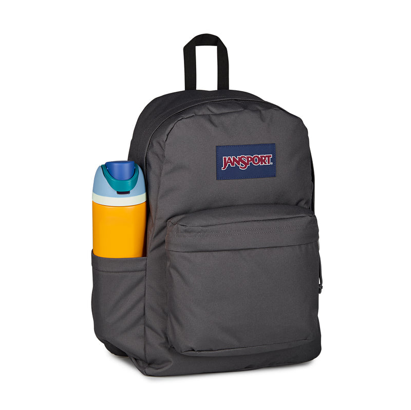 Dark gray Jansport backpack with side zipper and water bottle pocket on the side.