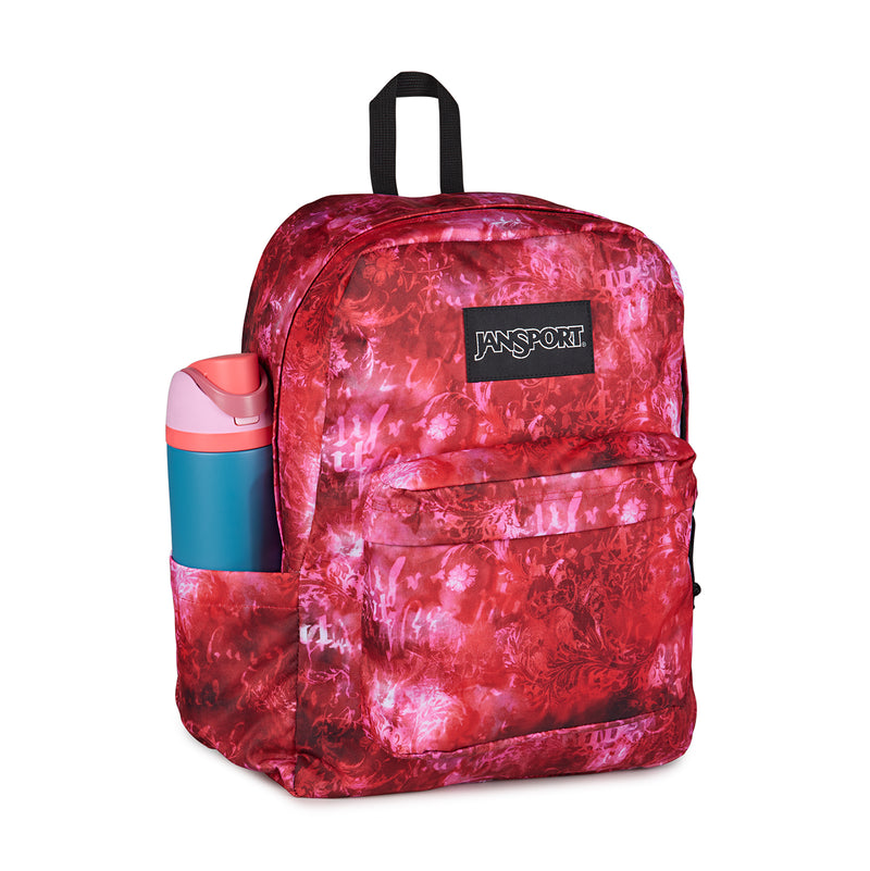 Jansport Superbreak Plus backpack, red floral print with water bottle in side pocket