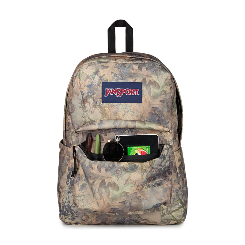 JanSport Superbreak Plus camo backpack front view with JanSport logo and interior organizer
