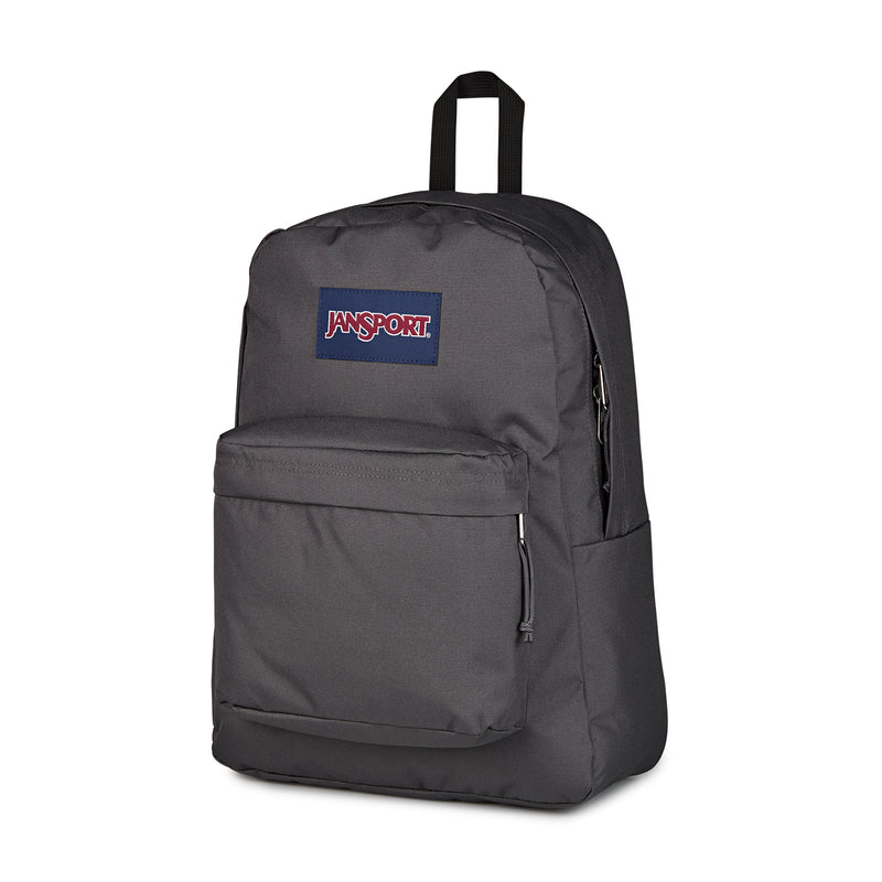 Dark gray Jansport Superbreak Plus backpack from the side with zipper pocket details.