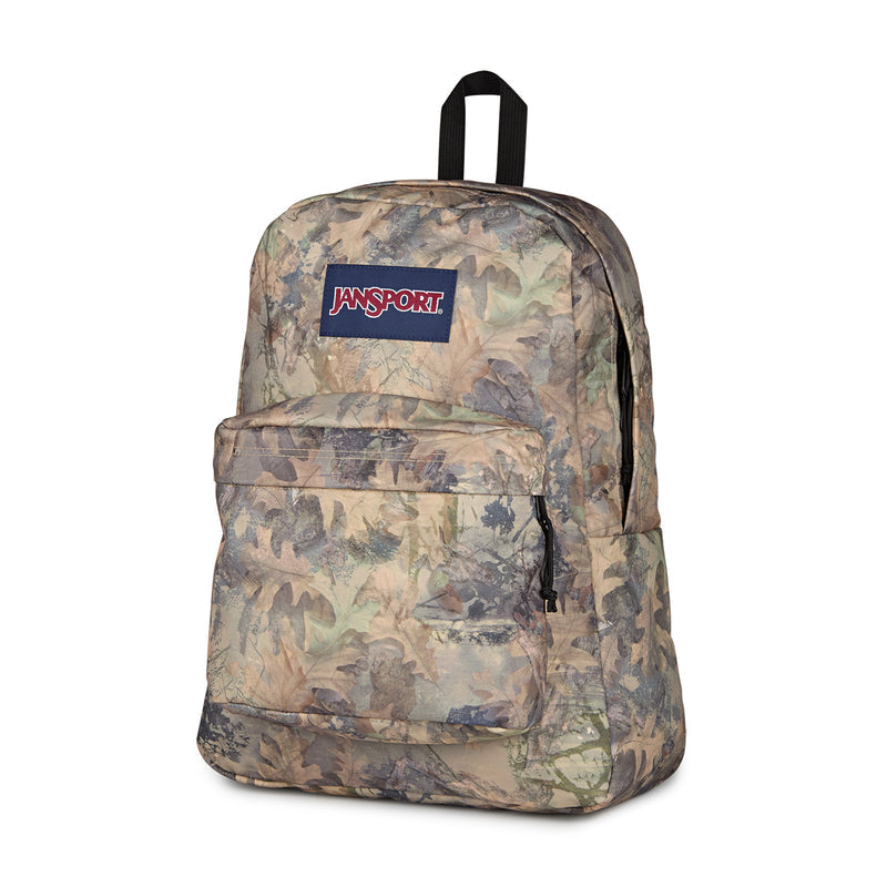 JanSport Superbreak Plus camo backpack with large front panel and JanSport logo