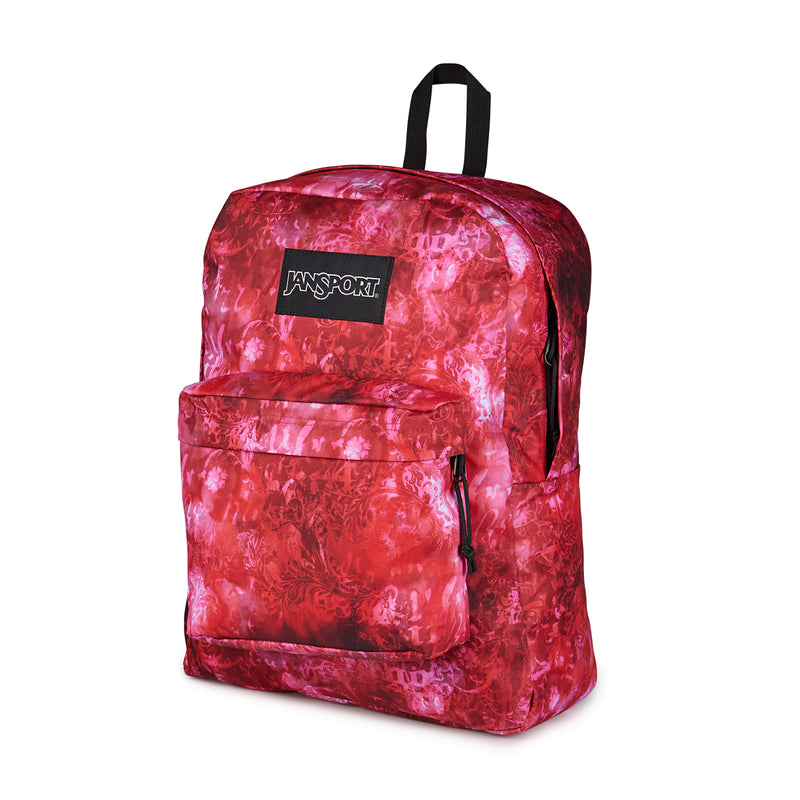Jansport Superbreak Plus backpack, red floral print with black logo patch and zipper pocket