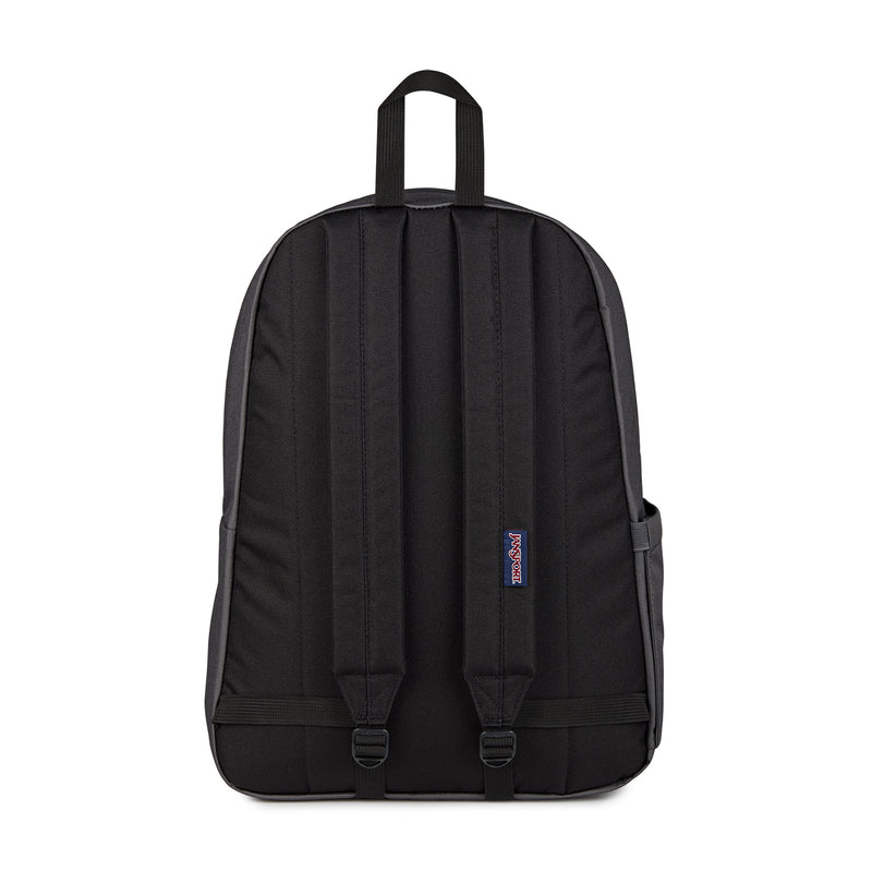 Black Jansport backpack back view with padded straps and small logo patch.
