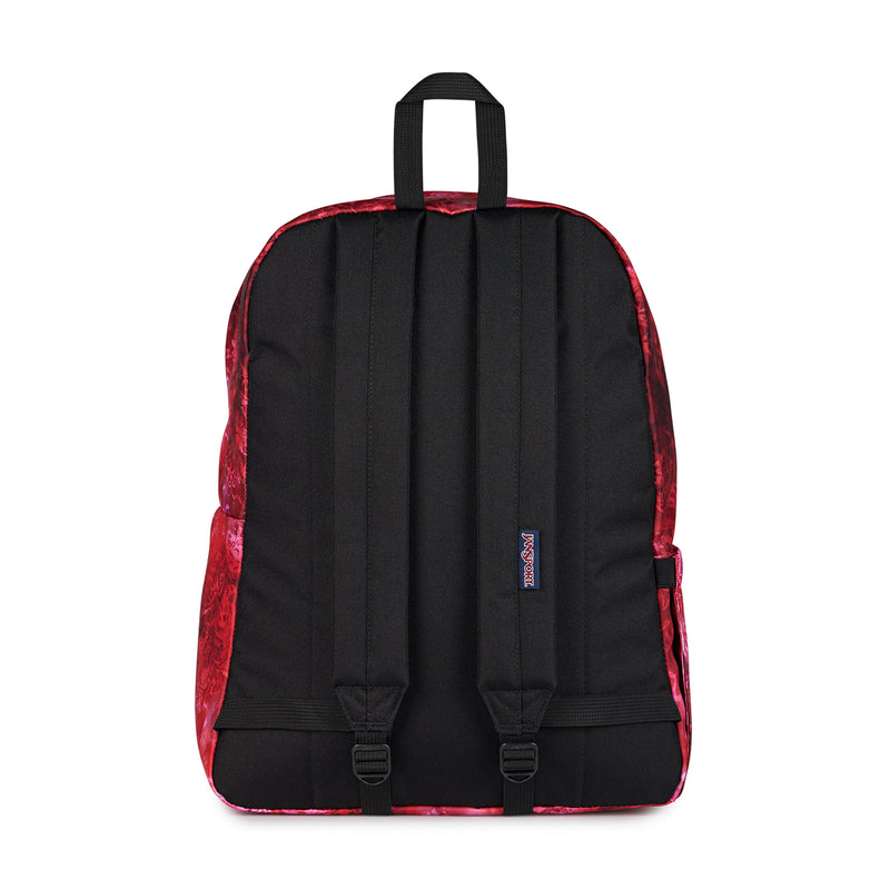 Jansport Superbreak Plus backpack back panel with black padded straps on red floral fabric