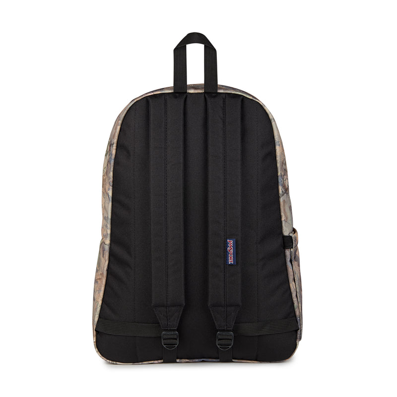 JanSport Superbreak Plus black backpack with camo trim and two adjustable shoulder straps