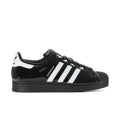 Men's adidas Superstar II sneakers, black patent leather with white 3-stripe design.