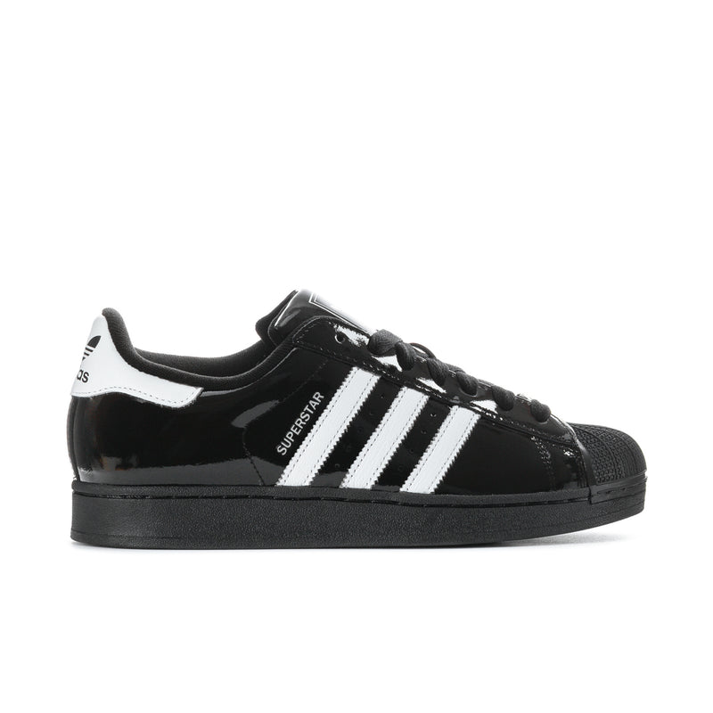 Men's adidas Superstar II sneakers, black patent leather with white 3-stripe design.