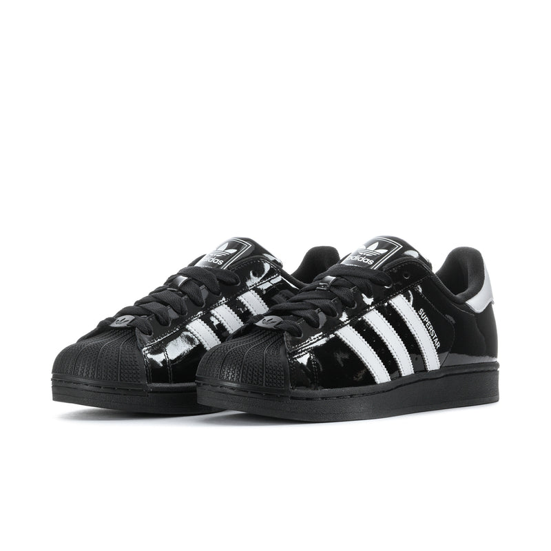 Men's adidas Superstar II sneakers pair, black glossy upper with white triple stripes.