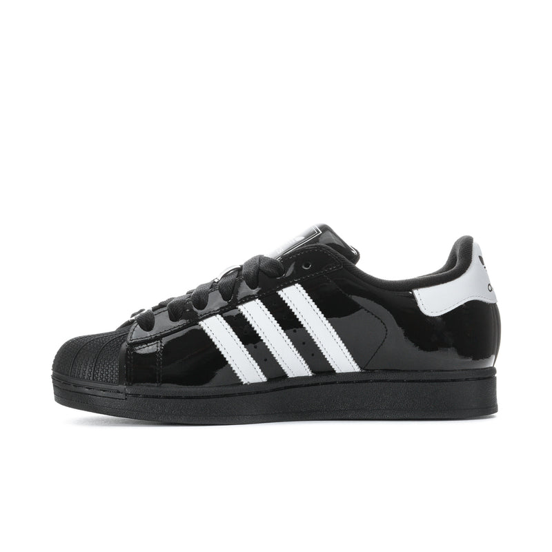 Men's adidas Superstar II sneakers, black patent finish with white stripes and lace-up.